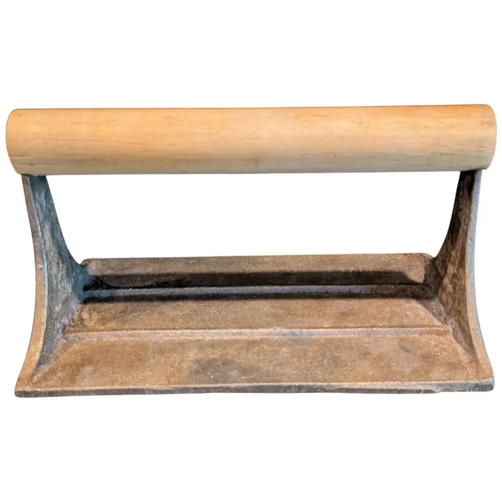 Bacon Press Cast Iron Pig Design Wood Handle Vtg Rustic Farmhouse Kitchen Tool